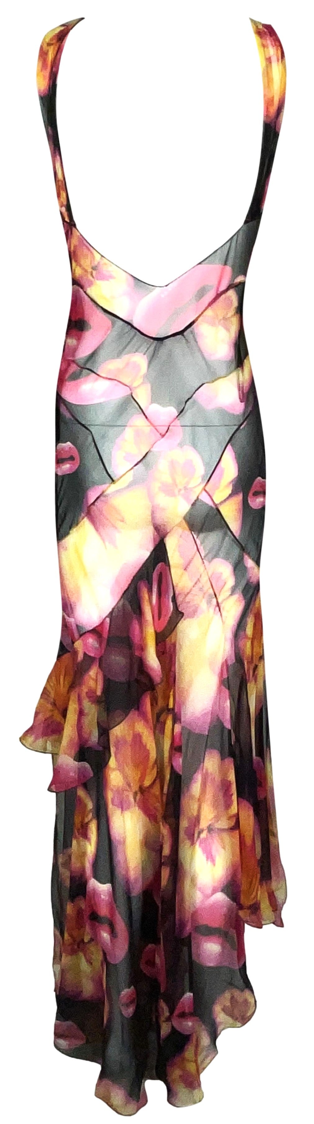 S/S 2005 Christian Dior by John Galliano Sheer Black Silk Lips Flower Ruffle Dress