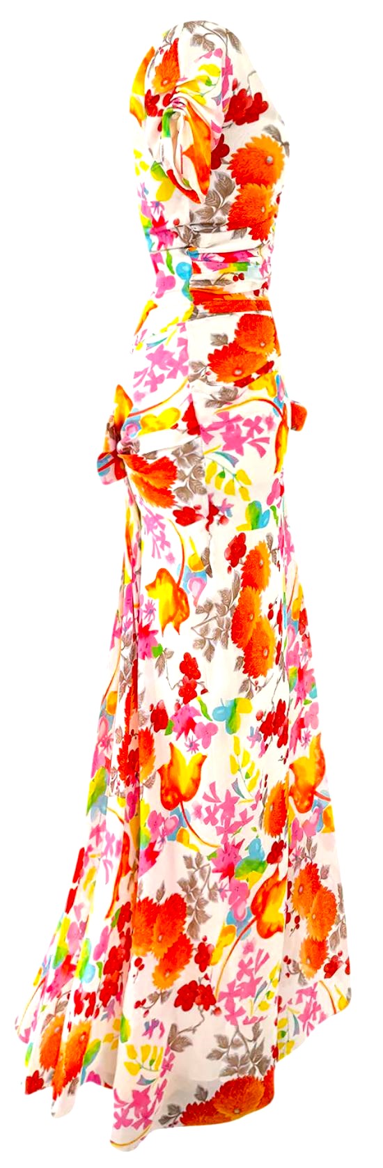 S/S 2005 Christian Dior by John Galliano 1950's Style Ruched Floral Silk Maxi Dress w Bows