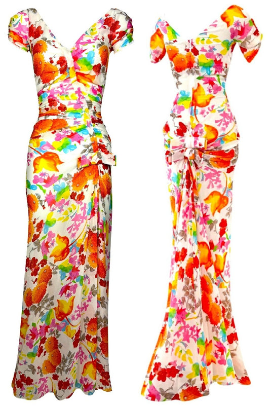 S/S 2005 Christian Dior by John Galliano 1950's Style Ruched Floral Silk Maxi Dress w Bows