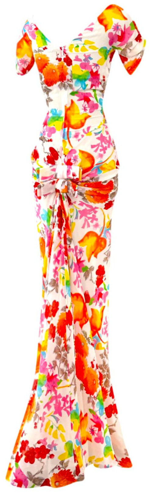 S/S 2005 Christian Dior by John Galliano 1950's Style Ruched Floral Silk Maxi Dress w Bows