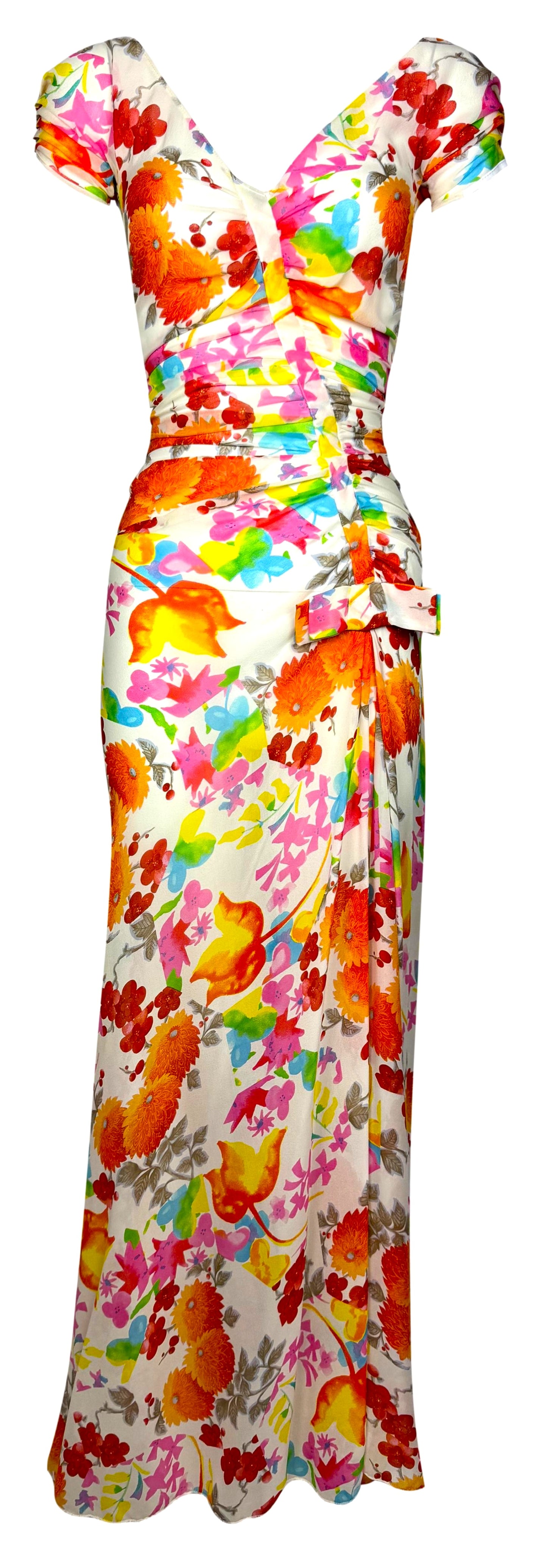 S/S 2005 Christian Dior by John Galliano 1950's Style Ruched Floral Silk Maxi Dress w Bows