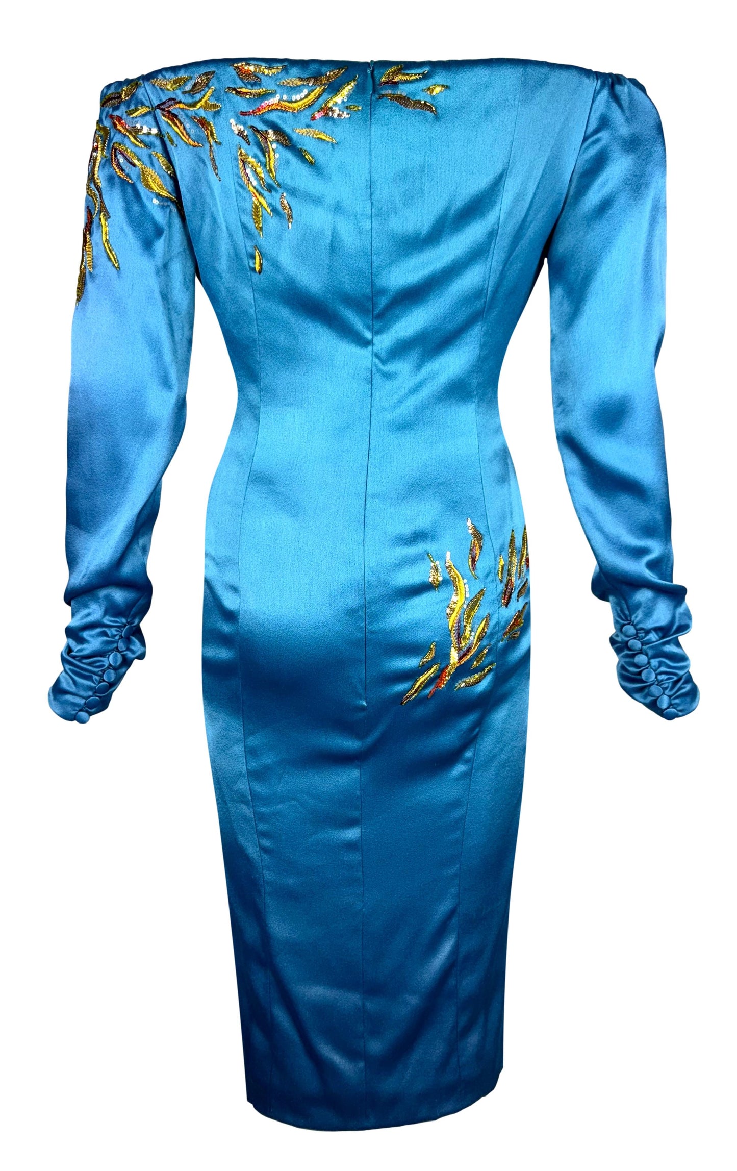 F/W 2005 Christian Dior by John Galliano Haute Couture Gold Embellished Off Shoulder Blue Satin Dress