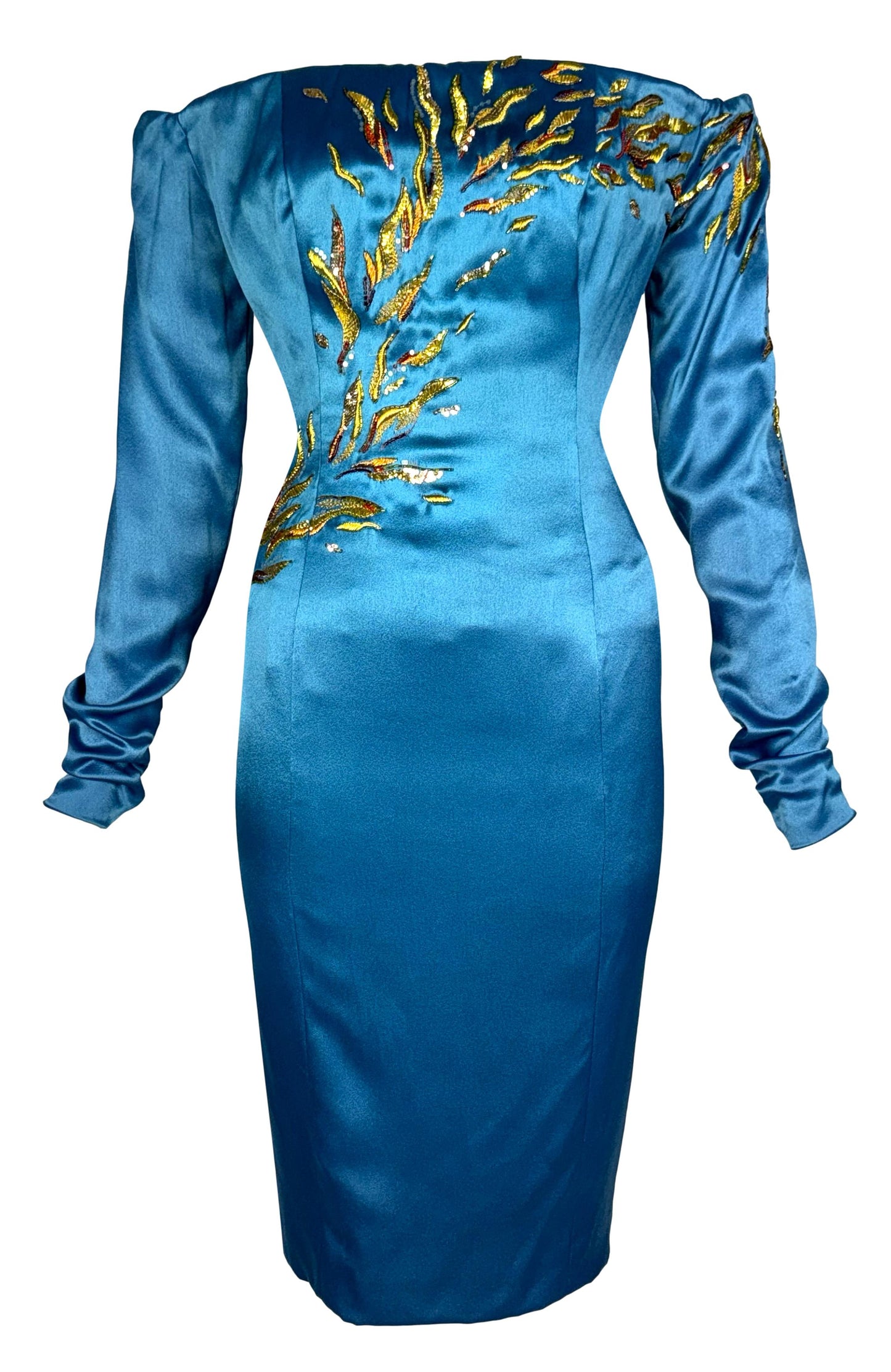 F/W 2005 Christian Dior by John Galliano Haute Couture Gold Embellished Off Shoulder Blue Satin Dress