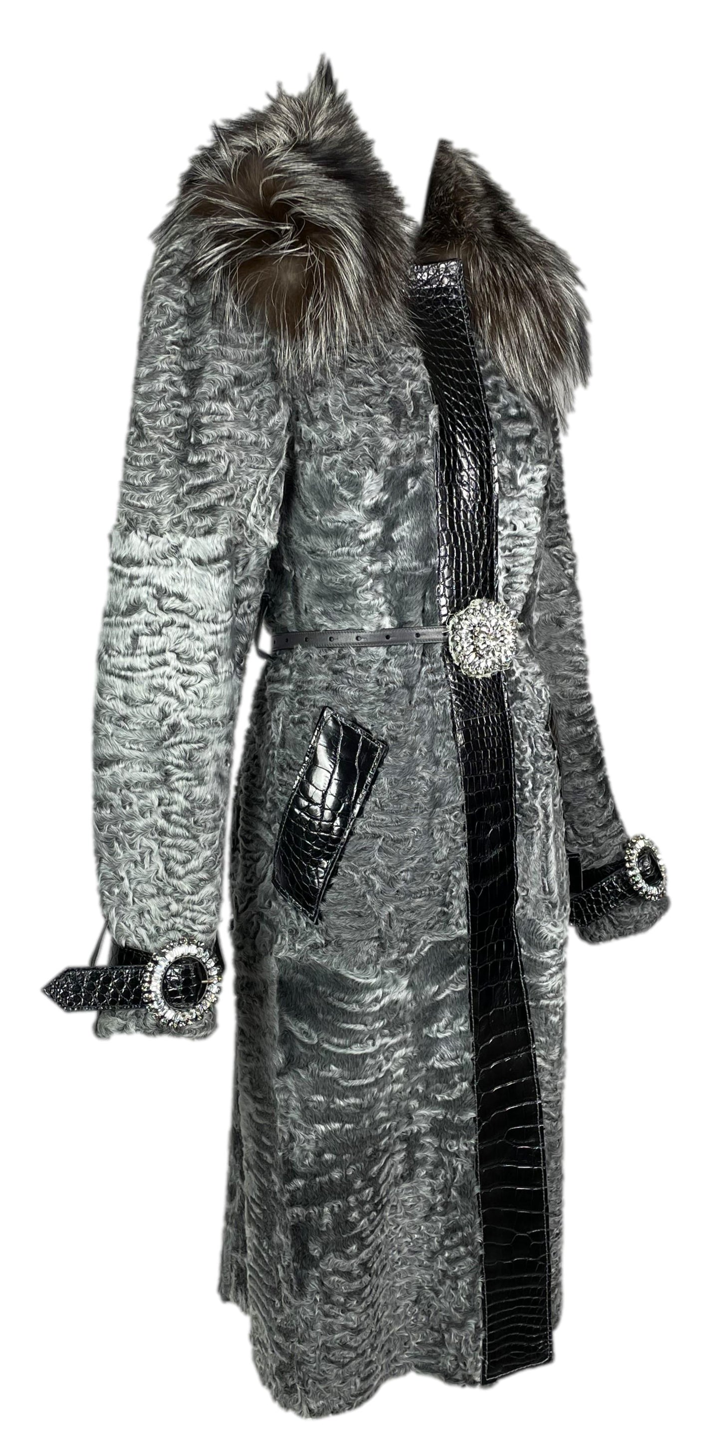 F/W 2005 Dolce & Gabbana Runway Silver Broadtail Fox Fur & Crocodile Long Crystal Coat