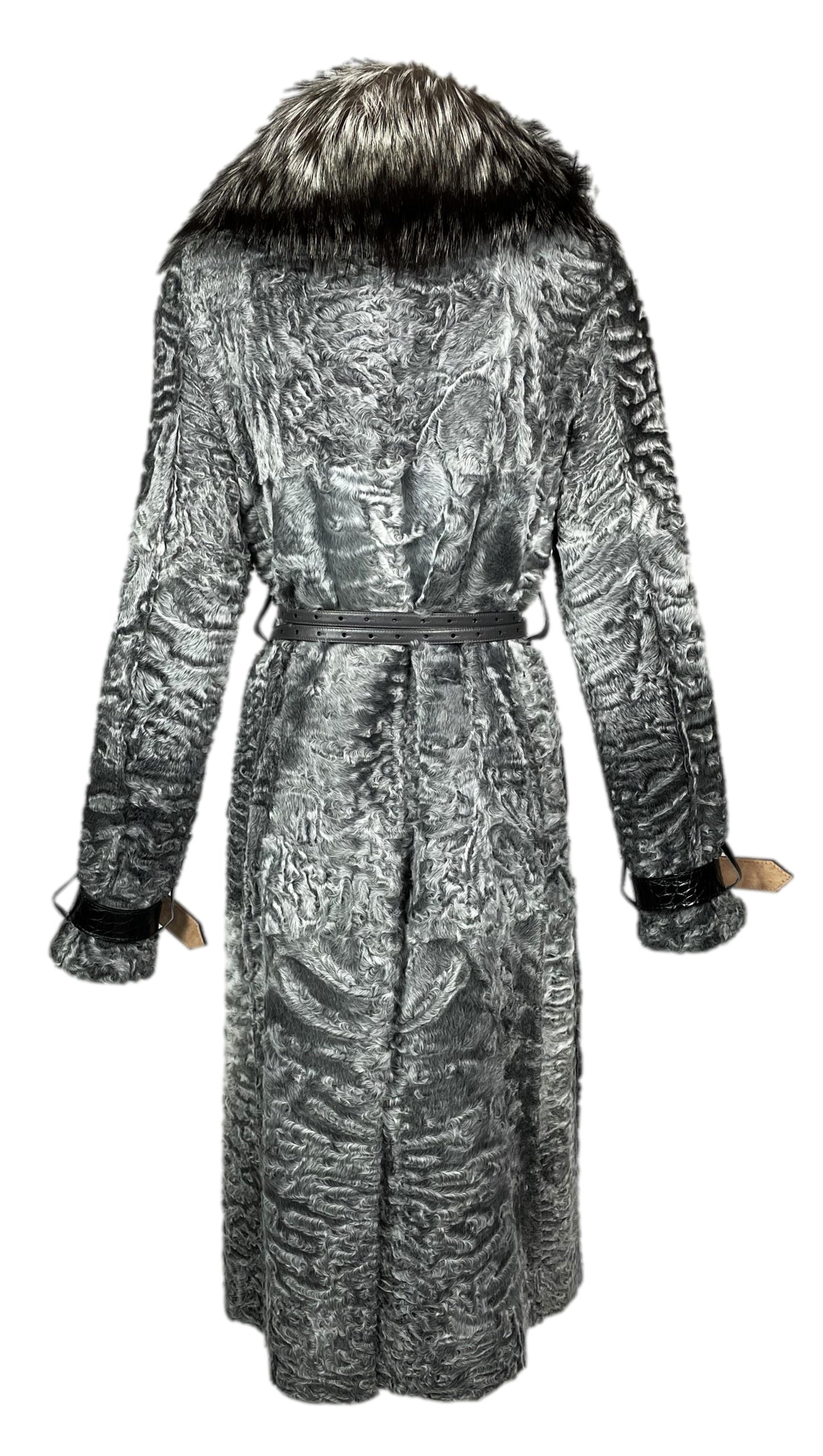 F/W 2005 Dolce & Gabbana Runway Silver Broadtail Fox Fur & Crocodile Long Crystal Coat