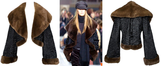 F/W 2005 Hermès by Jean Paul Gaultier Runway Black Lamb & Sheared Mink Fur Bell Sleeve Cropped Coat Jacket
