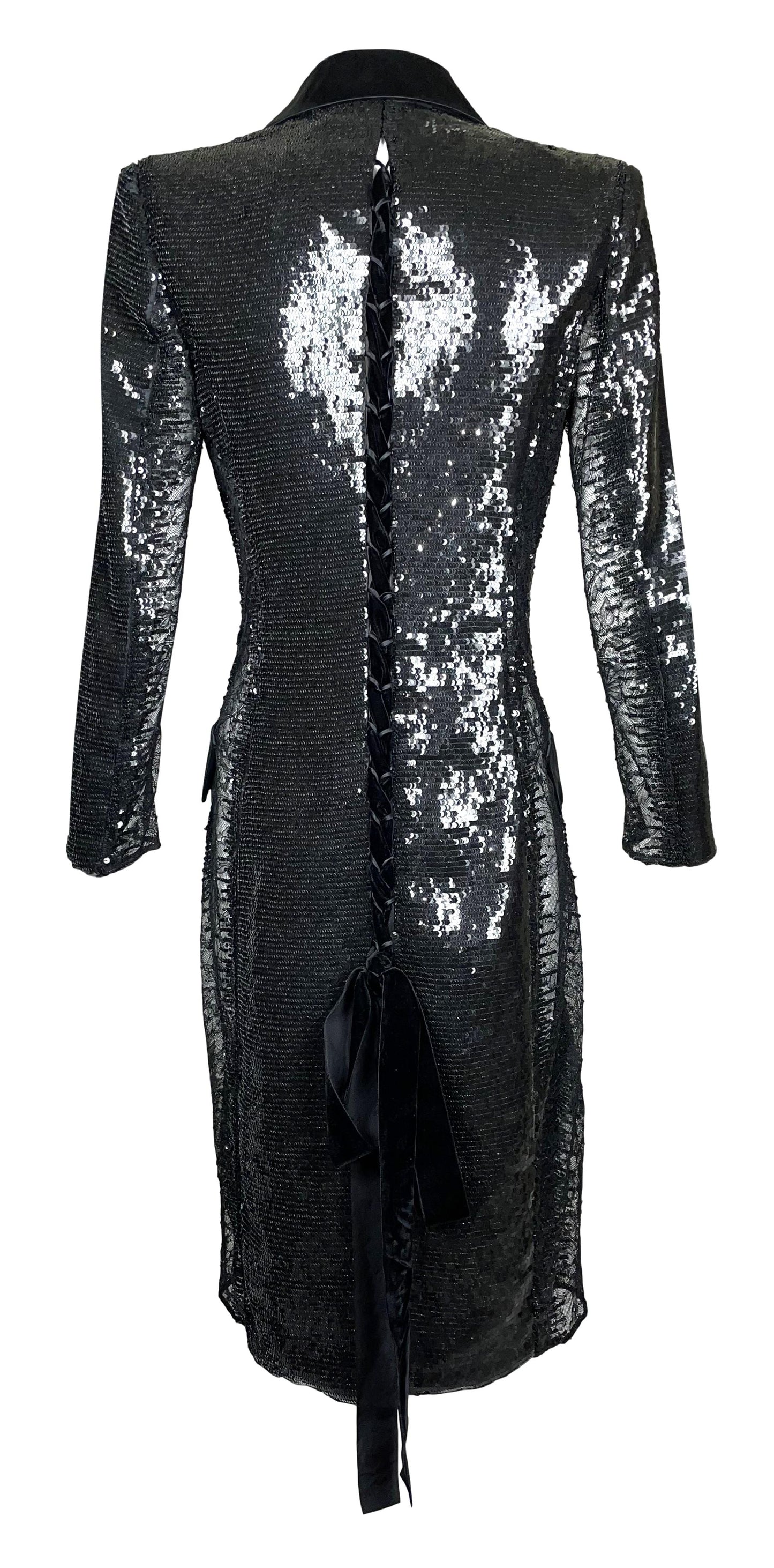 F/W 2005 Roberto Cavalli Runway Black Sequin Sheer Lace Sides Tuxedo Dress