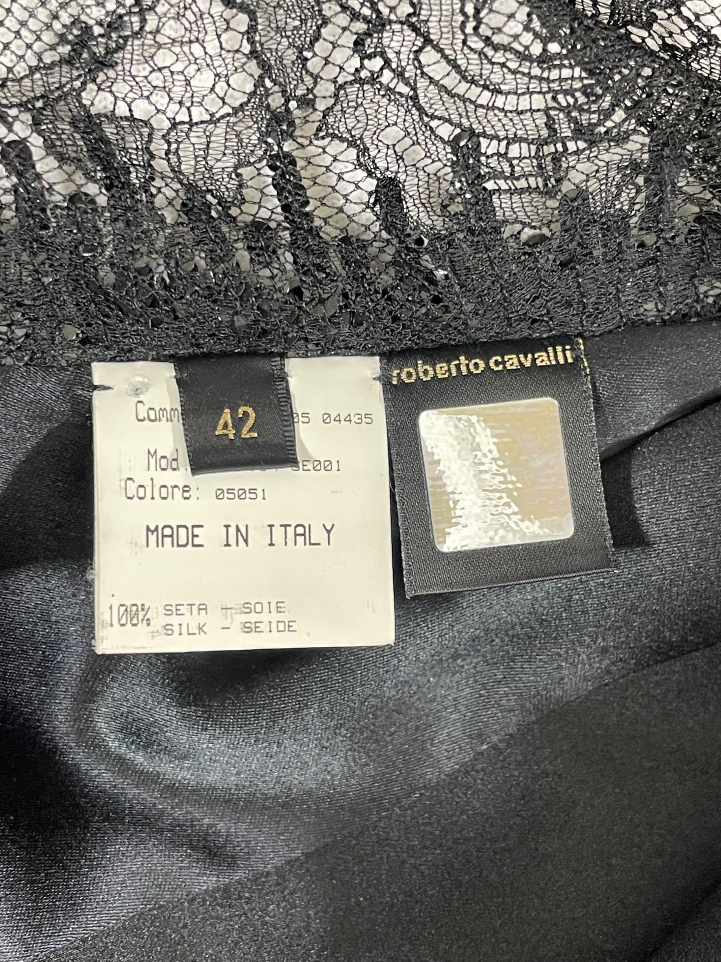F/W 2005 Roberto Cavalli Runway Black Sequin Sheer Lace Sides Tuxedo Dress
