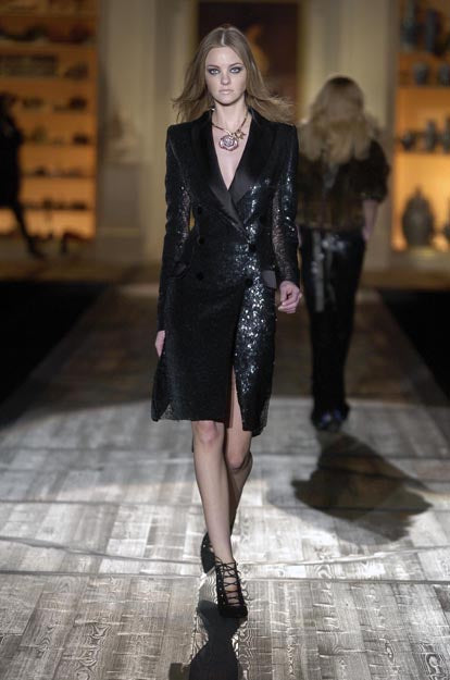 F/W 2005 Roberto Cavalli Runway Black Sequin Sheer Lace Sides Tuxedo Dress