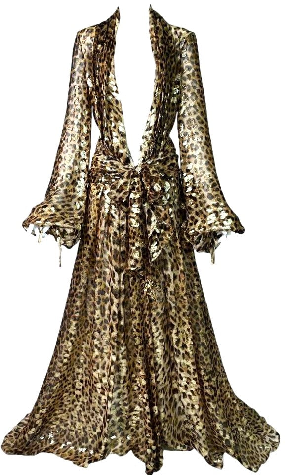 F/W 2005 Roberto Cavalli Runway 1970's Scarface Style Plunging Gold Leopard High Slit Bodysuit Gown Dress