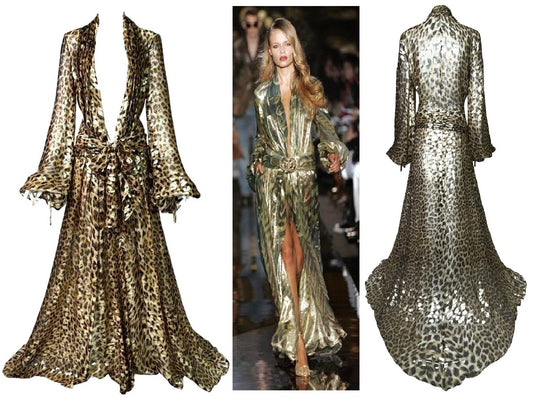 F/W 2005 Roberto Cavalli Runway 1970's Scarface Style Plunging Gold Leopard High Slit Bodysuit Gown Dress