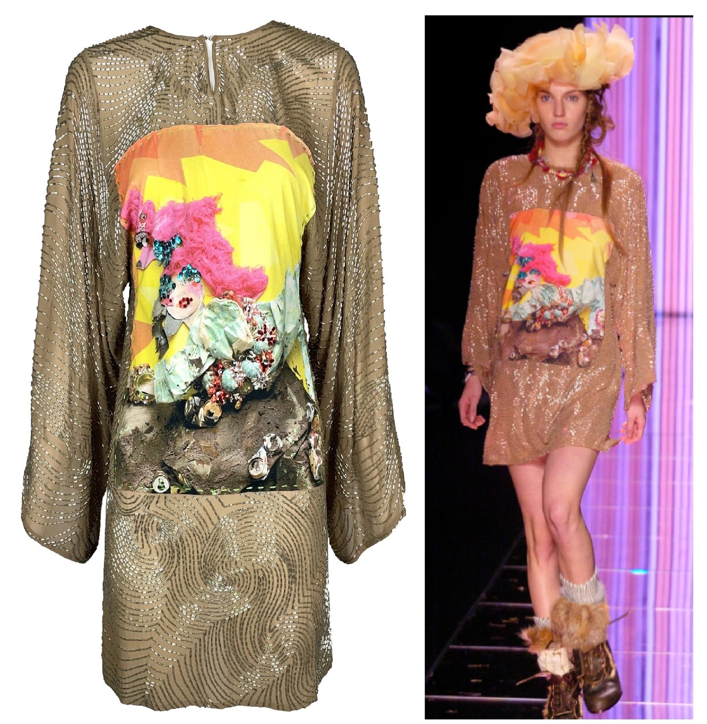 S/S 2005 John Galliano Runway Sheer Nude Beaded Silk Kimono Sleeve Mini Dress