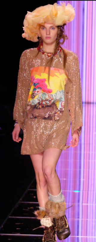 S/S 2005 John Galliano Runway Sheer Nude Beaded Silk Kimono Sleeve Mini Dress