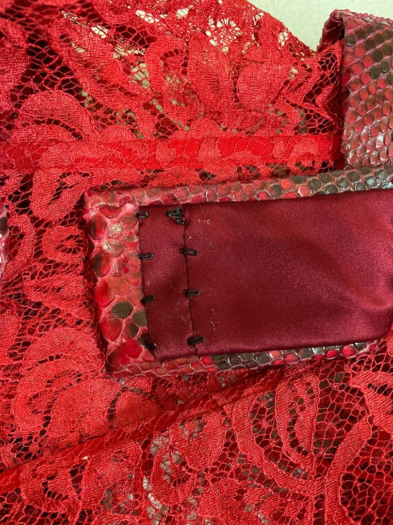 S/S 2005 Dolce & Gabbana Runway Sheer Red Lace Snakeskin & Velvet Bows Gown Dress w Train
