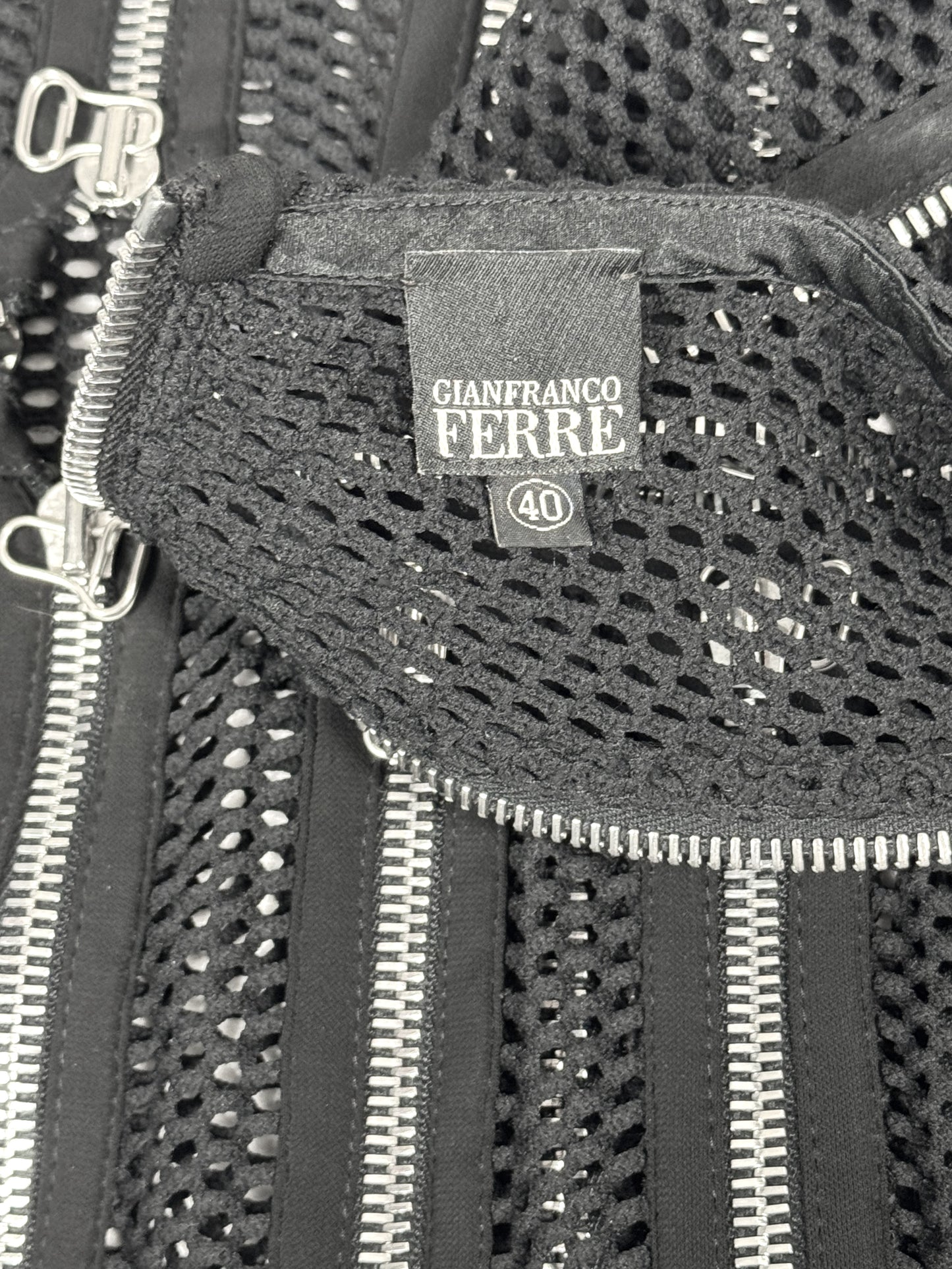 S/S 2005 Gianfranco Ferre Runway Sheer Black Fishnet Off Shoulder Zipper Cut-Out Rock n Roll Dress