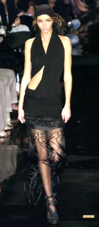 S/S 2005 Look 44 Jean Paul Gaultier Runway Black Cut-out Draped Fringe Dress