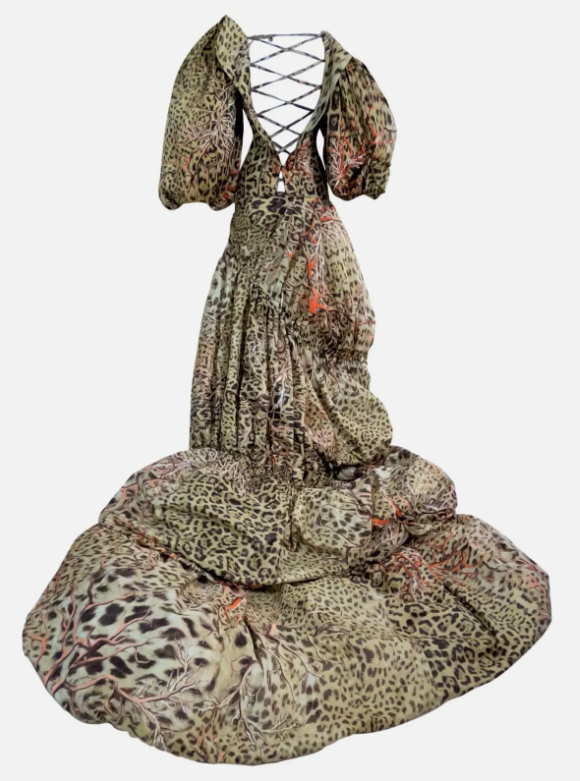S/S 2005 Roberto Cavalli Runway Puffy Victorian Leopard Off Shoulder Corset Ball Gown Dress w Long Train