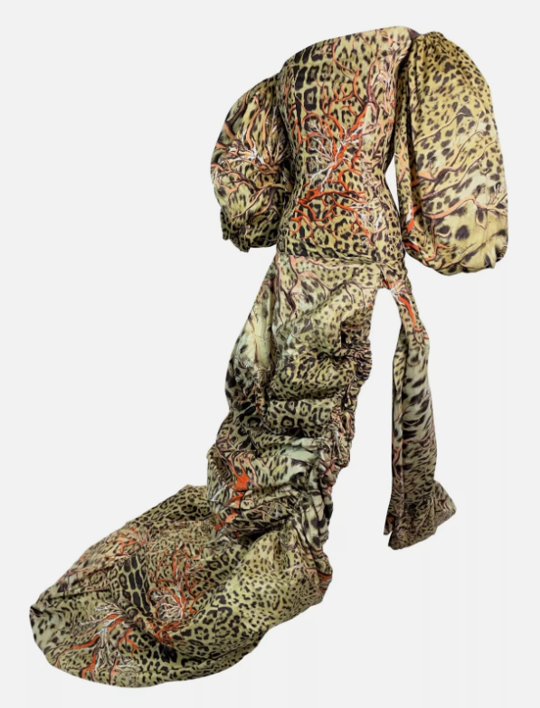S/S 2005 Roberto Cavalli Runway Puffy Victorian Leopard Off Shoulder Corset Ball Gown Dress w Long Train