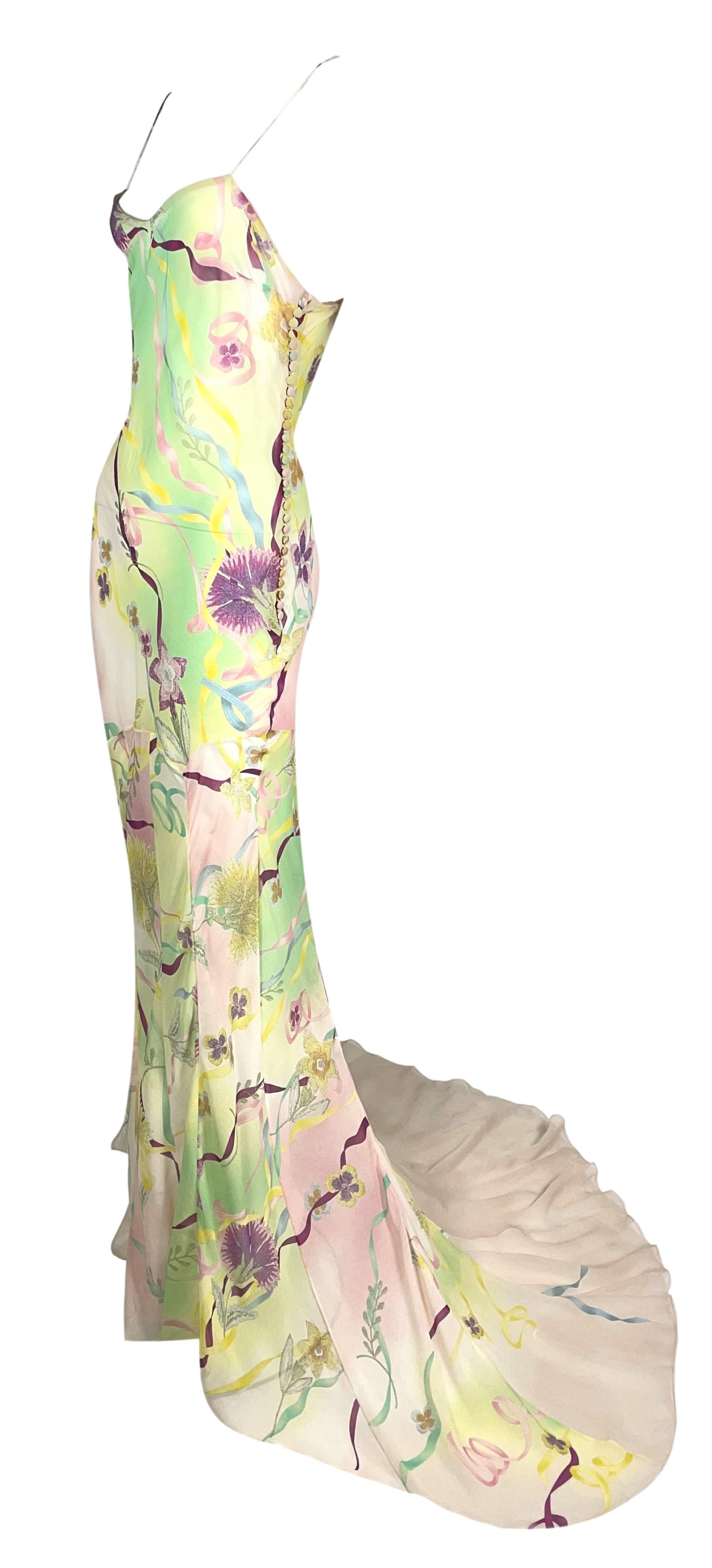 S/S 2006 Christian Dior by John Galliano Sheer Flowers & Ribbons Silk Gown Dress w Train