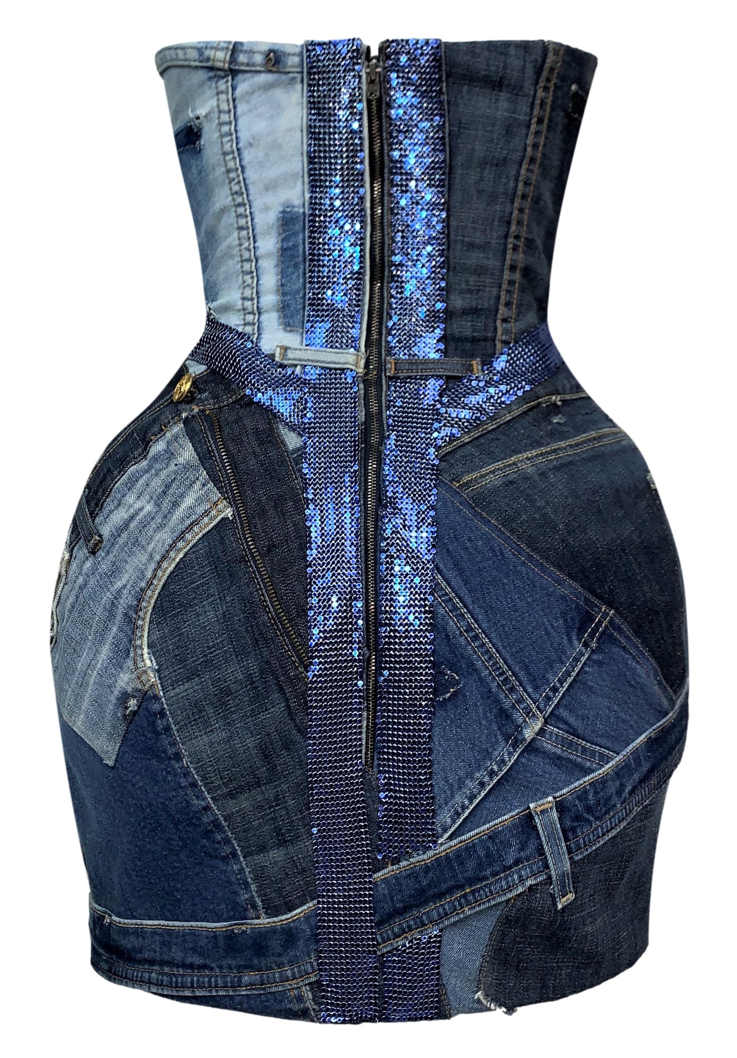 2000's Atelier Versace Couture Distressed Denim Chainmail Exaggerated Hips Strapless Mini Dress