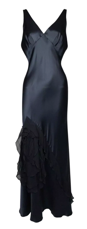 F/W 2006 Christian Dior by John Galliano Black Silk Satin Ruffle Maxi Slip Dress