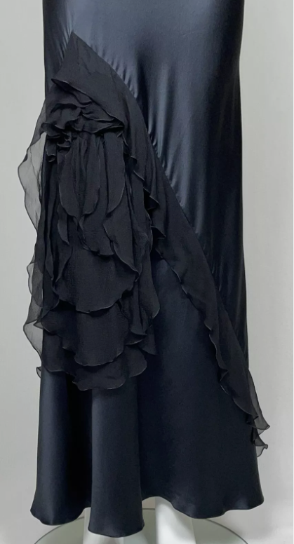 F/W 2006 Christian Dior by John Galliano Black Silk Satin Ruffle Maxi Slip Dress