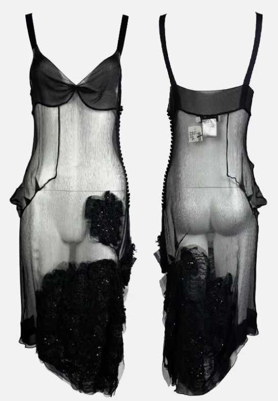 F/W 2006 Christian Dior by John Galliano Sheer Black Silk Embellished Dress