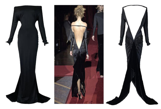 F/W 2006 Gianfranco Ferre Runway Black Plunging Back Beaded Long Gown Dress w Train 40