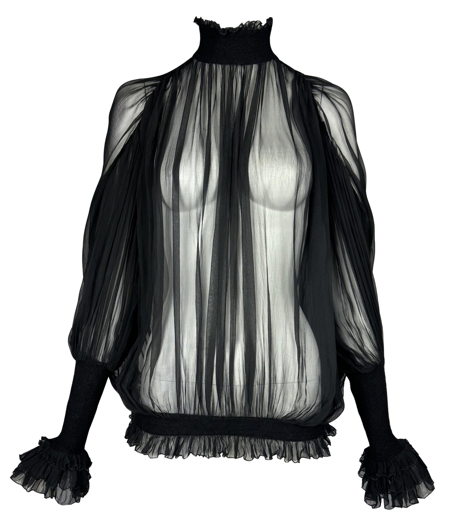F/W 2006 Gianfranco Ferre Runway Sheer Black Silk Poet Sleeve High Neck L/S Blouse Top