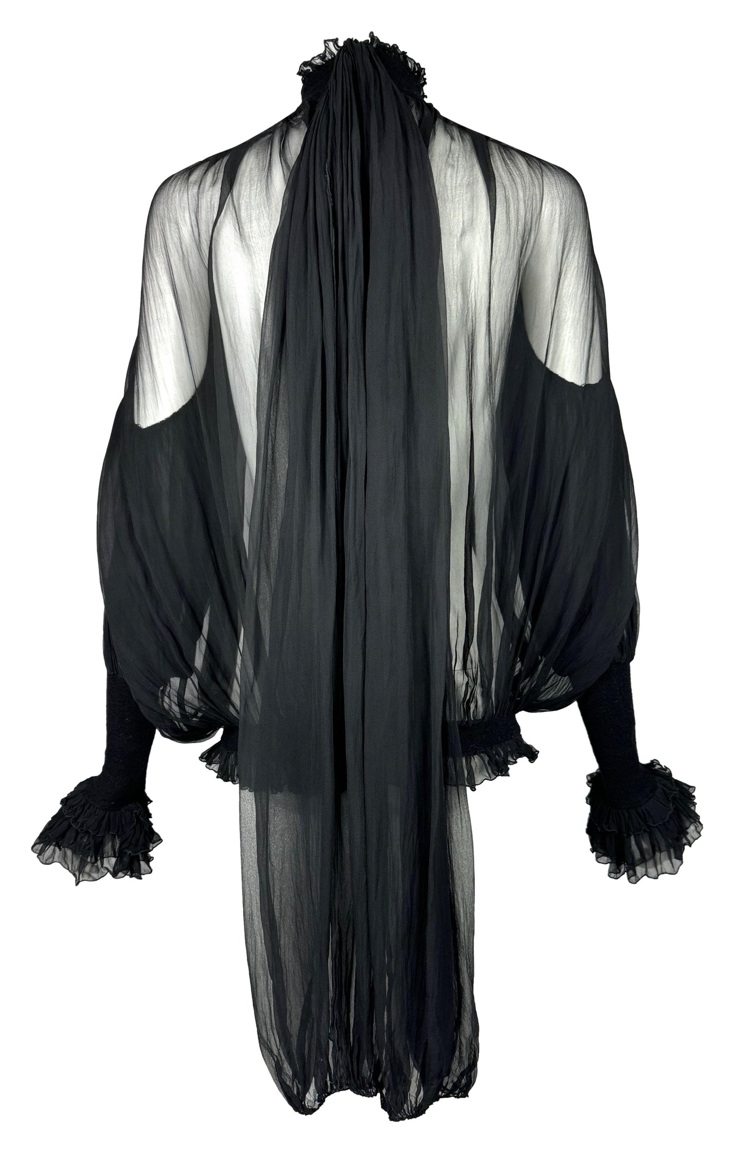 F/W 2006 Gianfranco Ferre Runway Sheer Black Silk Poet Sleeve High Neck L/S Blouse Top