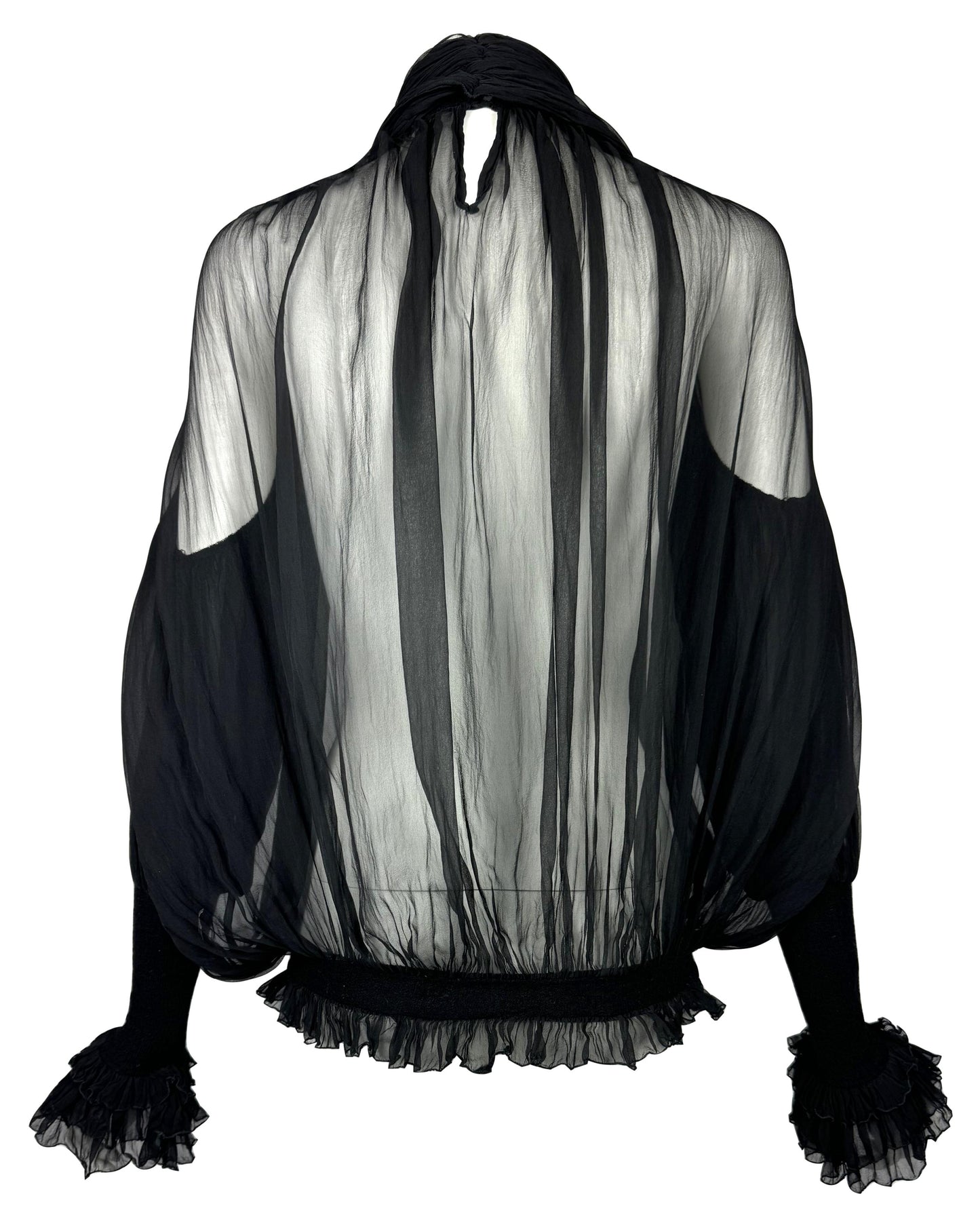 F/W 2006 Gianfranco Ferre Runway Sheer Black Silk Poet Sleeve High Neck L/S Blouse Top