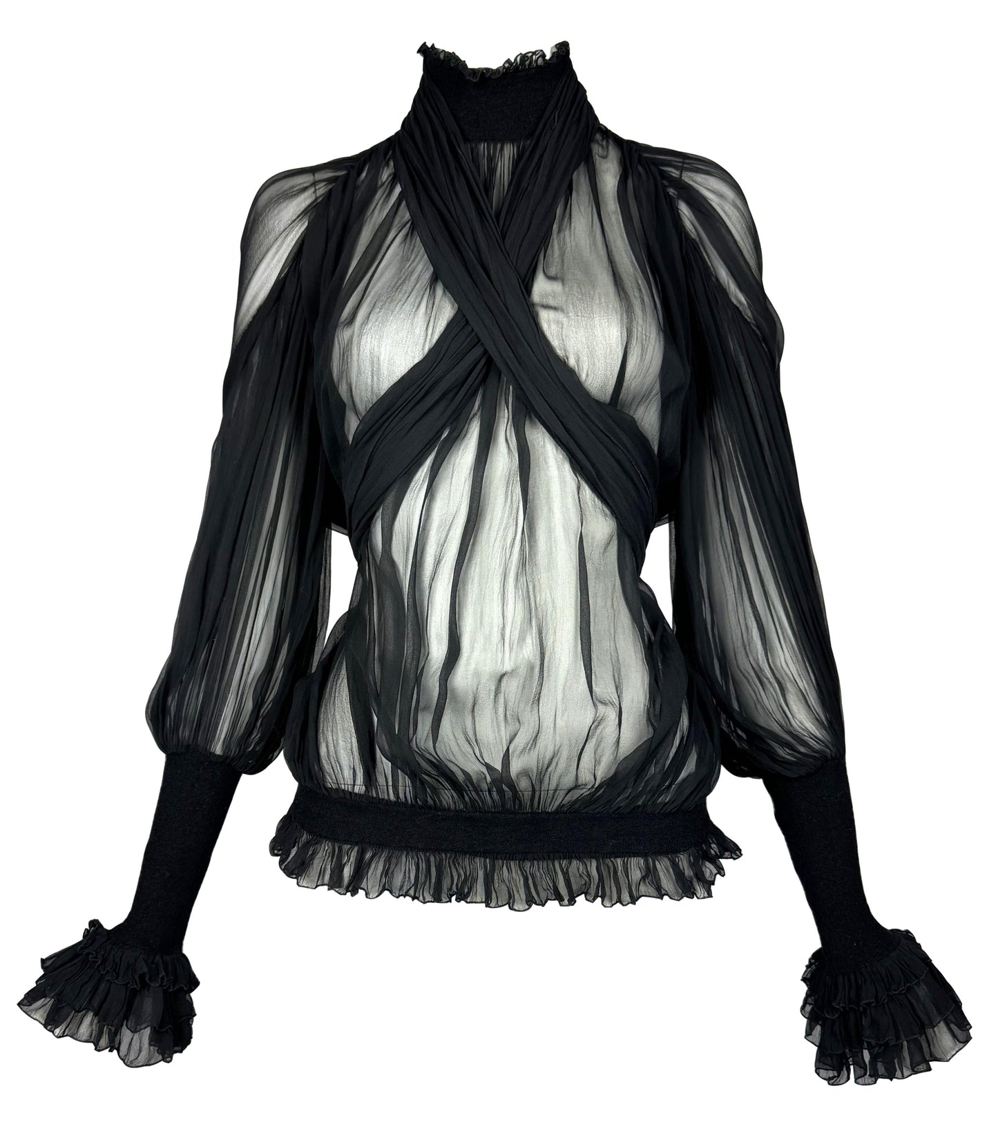 F/W 2006 Gianfranco Ferre Runway Sheer Black Silk Poet Sleeve High Neck L/S Blouse Top