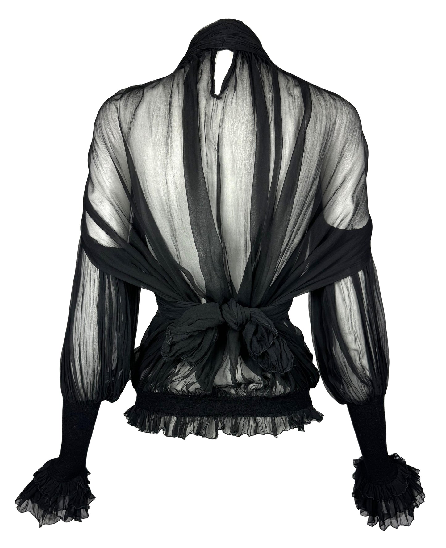 F/W 2006 Gianfranco Ferre Runway Sheer Black Silk Poet Sleeve High Neck L/S Blouse Top