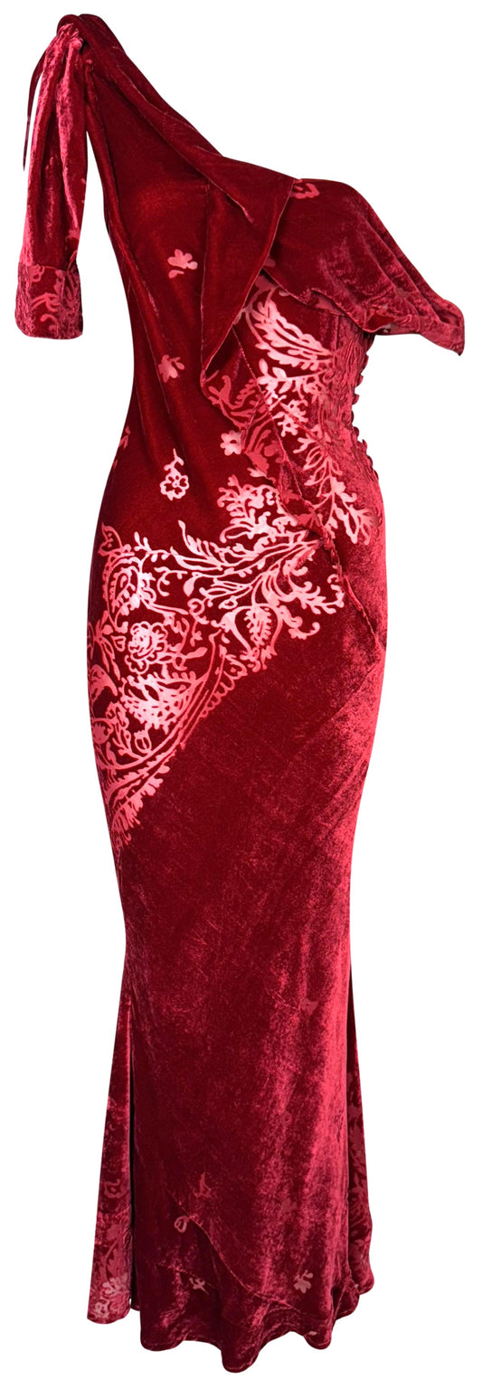 F/W 2006 John Galliano Sheer Red Burnout Velvet 1940's Old Hollywood Bow Draped Off Shoulder Mermaid Gown Dress