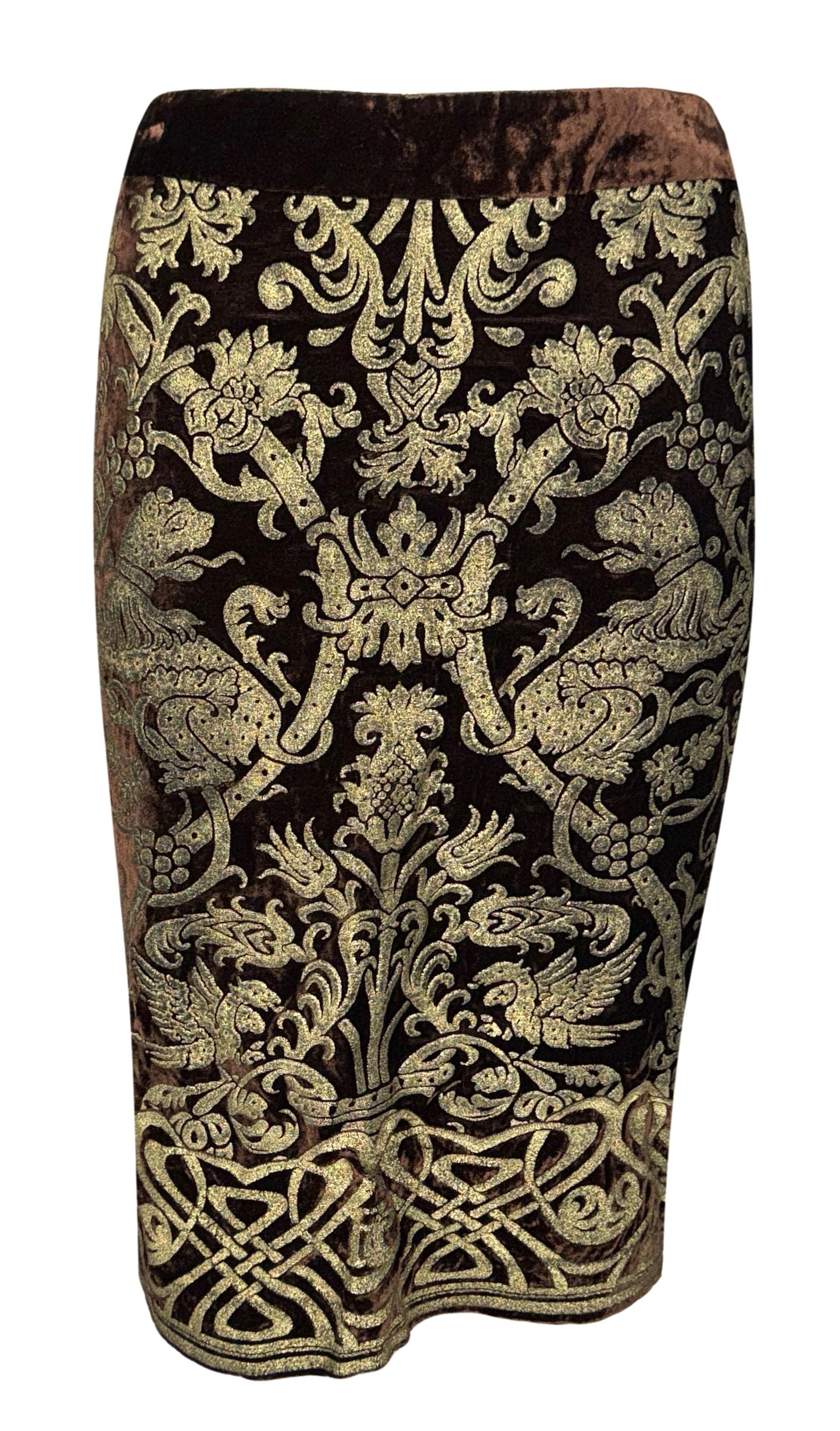 F/W 2006 Roberto Cavalli Gold Painted Brown Velvet w Kolinsky Polecat Fur Coat & Skirt Set