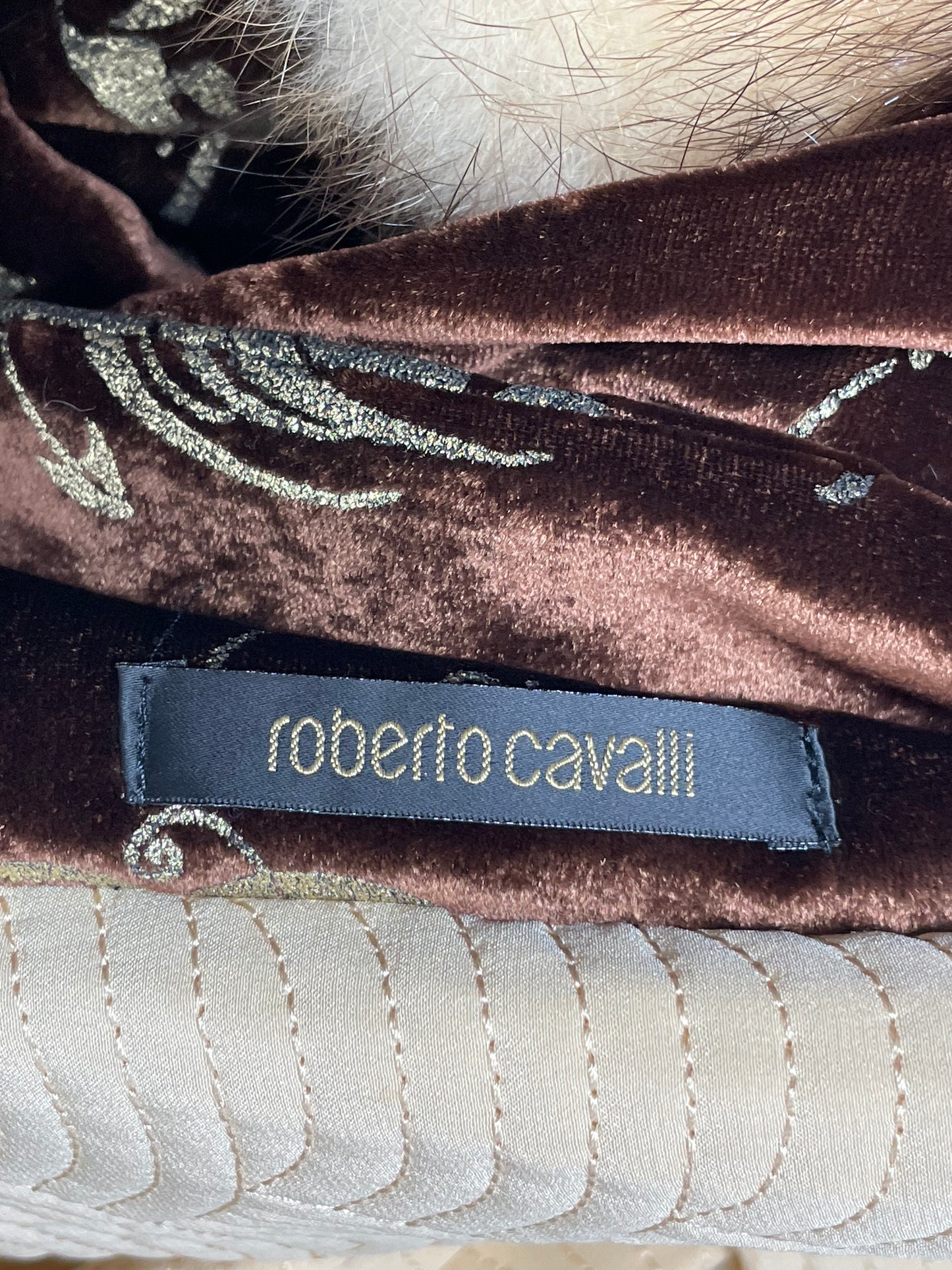 F/W 2006 Roberto Cavalli Gold Painted Brown Velvet w Kolinsky Polecat Fur Coat & Skirt Set