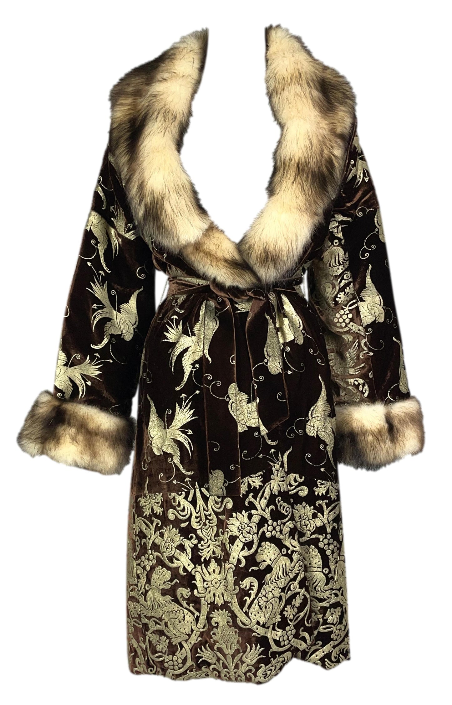 F/W 2006 Roberto Cavalli Gold Painted Brown Velvet w Kolinsky Polecat Fur Coat & Skirt Set