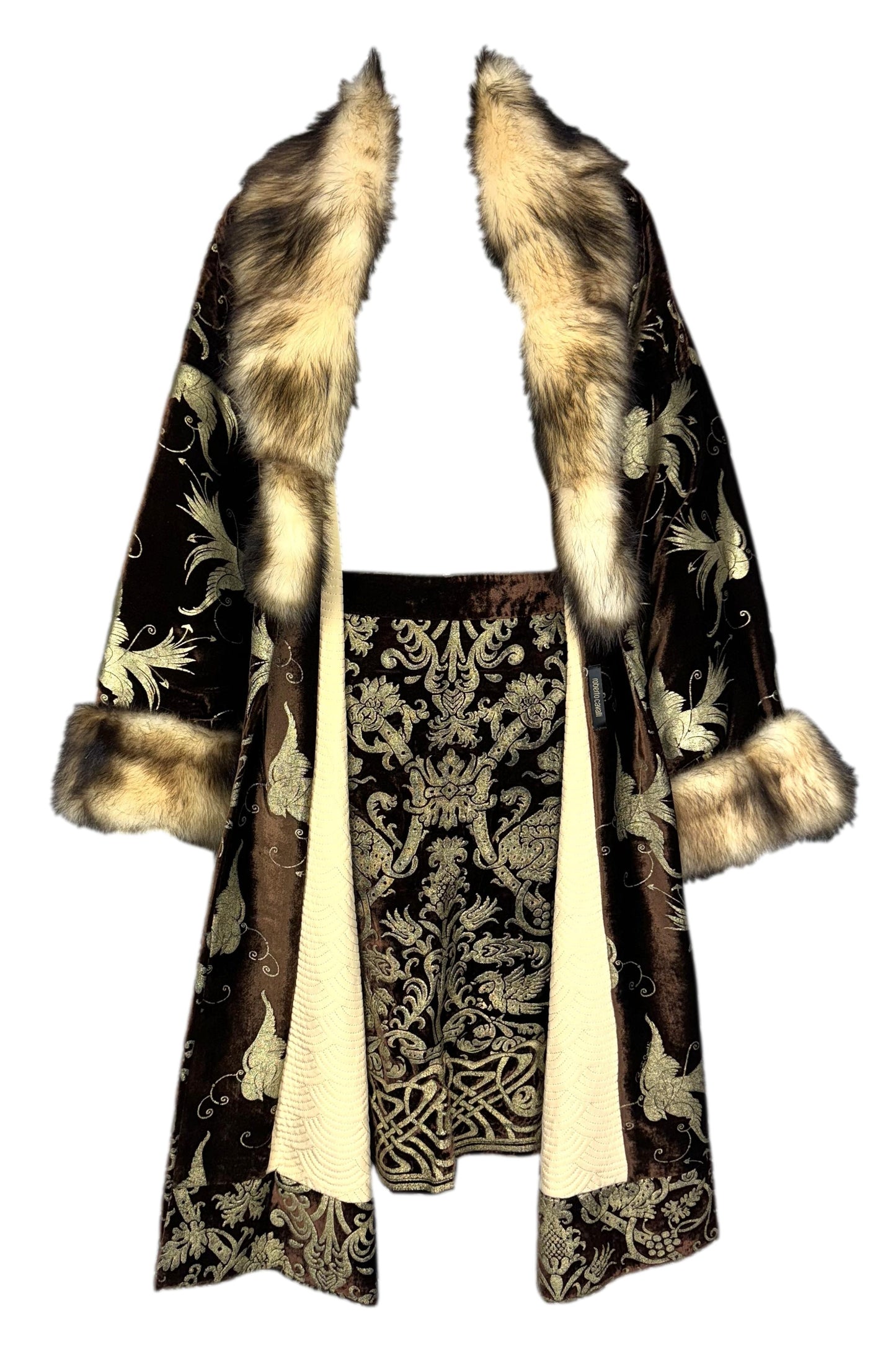 F/W 2006 Roberto Cavalli Gold Painted Brown Velvet w Kolinsky Polecat Fur Coat & Skirt Set