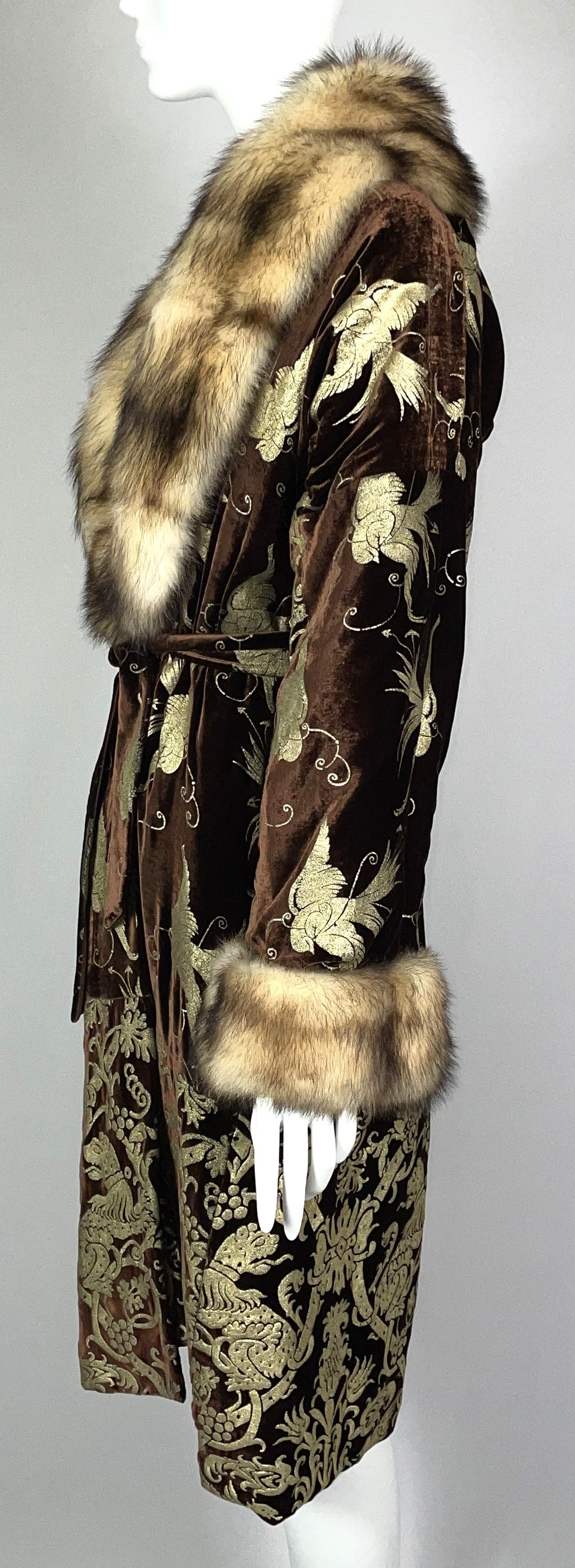 F/W 2006 Roberto Cavalli Gold Painted Brown Velvet w Kolinsky Polecat Fur Coat & Skirt Set