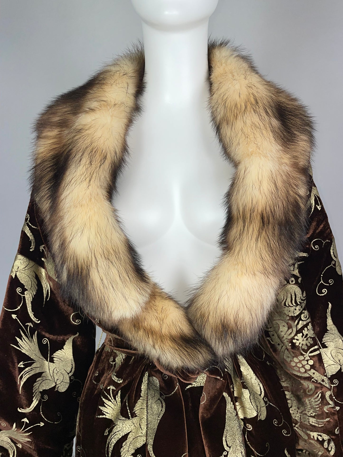 F/W 2006 Roberto Cavalli Gold Painted Brown Velvet w Kolinsky Polecat Fur Coat & Skirt Set