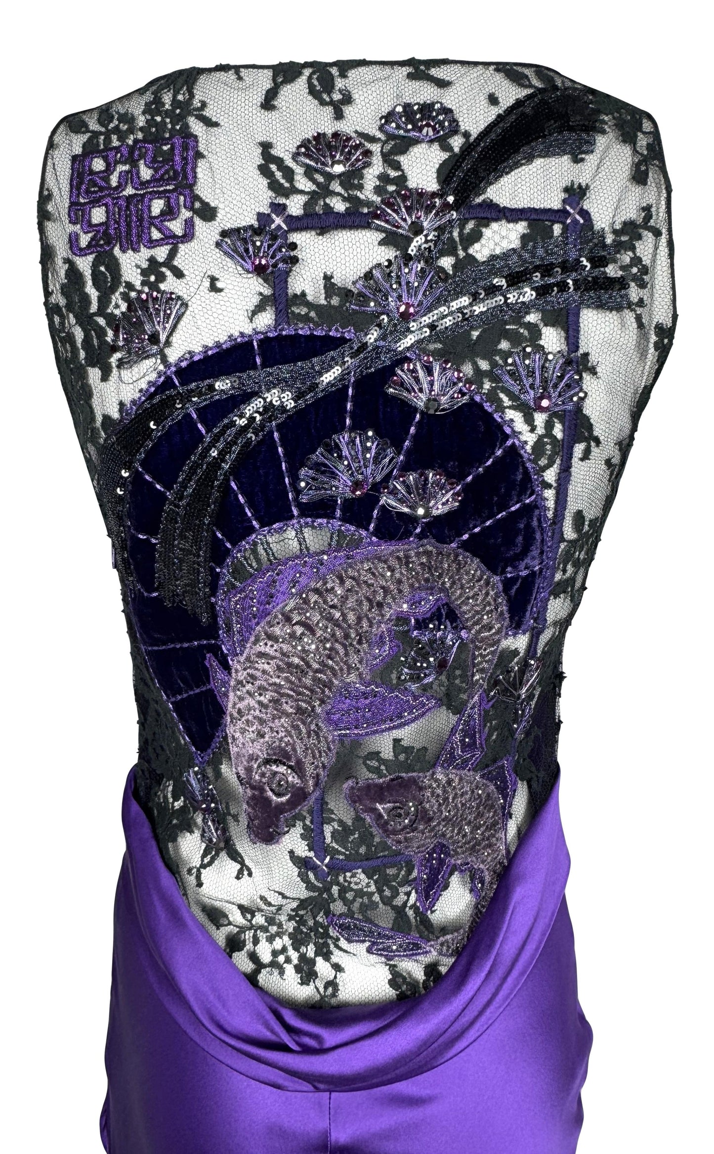 F/W 2006 Roberto Cavalli Sheer Black Mesh Koi Fish Tattoo Embellished Purple Silk High Slit Dress