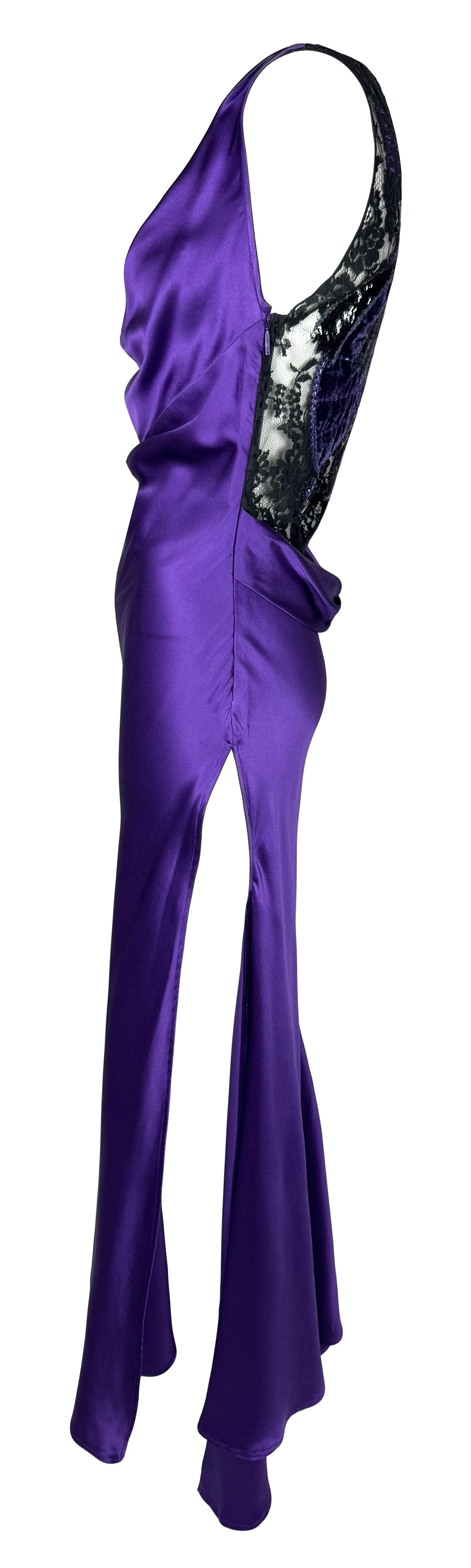 F/W 2006 Roberto Cavalli Sheer Black Mesh Koi Fish Tattoo Embellished Purple Silk High Slit Dress