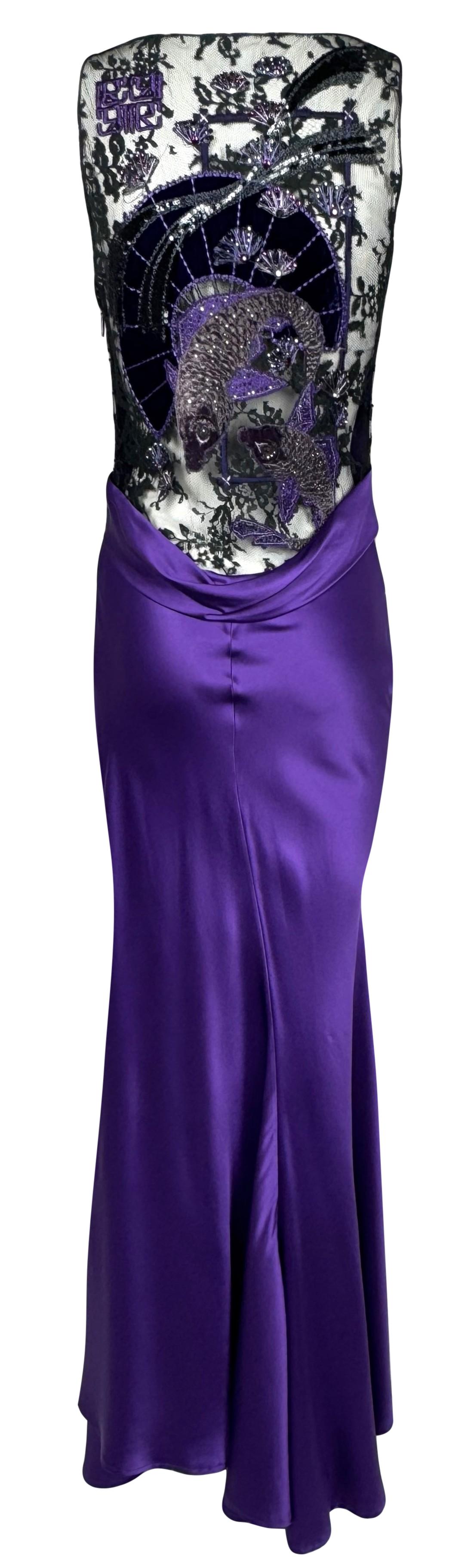 F/W 2006 Roberto Cavalli Sheer Black Mesh Koi Fish Tattoo Embellished Purple Silk High Slit Dress
