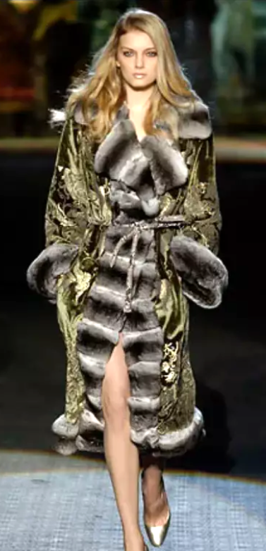 F/W 2006 Roberto Cavalli Runway Green & Gold Velvet Fur Collar Coat Jacket