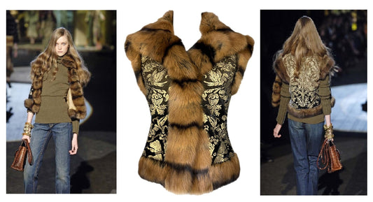 F/W 2006 Roberto Cavalli Runway Ombre Velvet Gold Glitter Sable Fur Vest Jacket