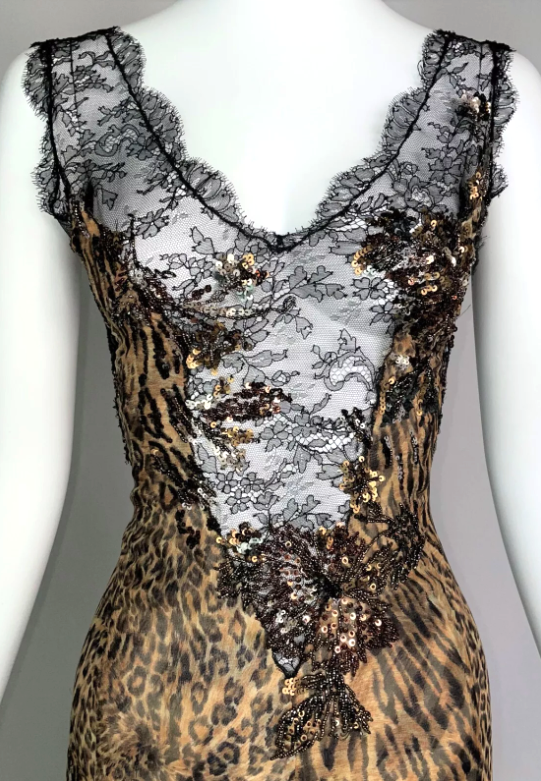 F/W 2006 Roberto Cavalli Sheer Black Plunging Lace Leopard Beaded Gown Dress