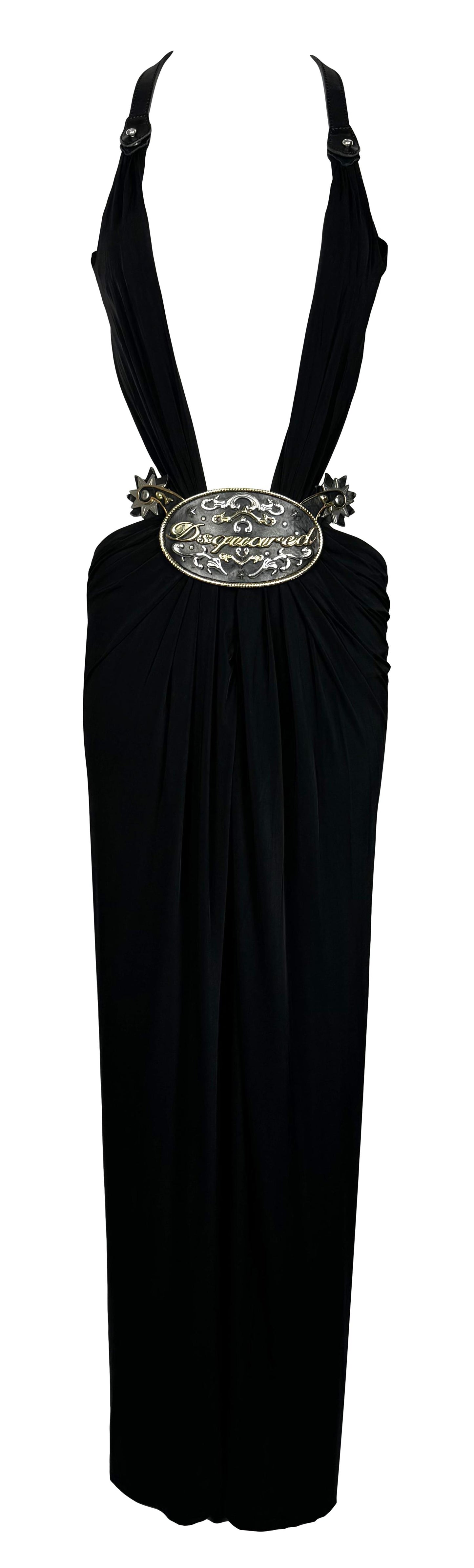 S/S 2006 Dsquared2 Runway Plunging Black Large Rodeo Western Cowboy Buckle High Slit Maxi Dress