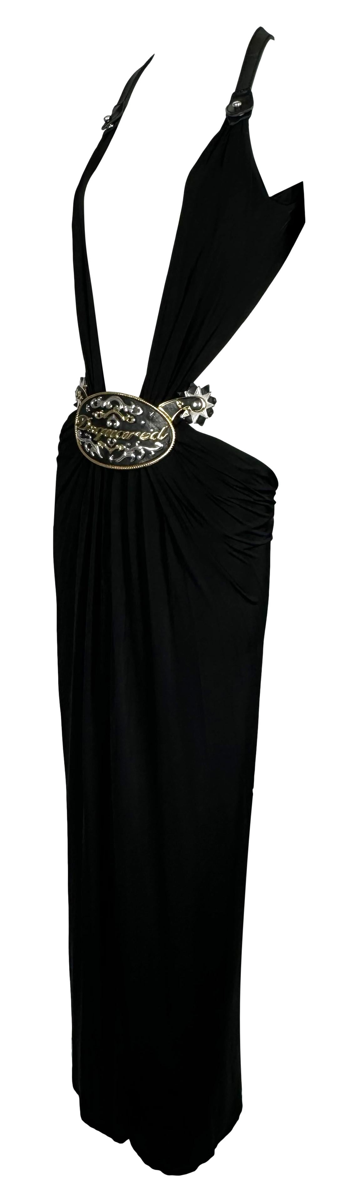 S/S 2006 Dsquared2 Runway Plunging Black Large Rodeo Western Cowboy Buckle High Slit Maxi Dress