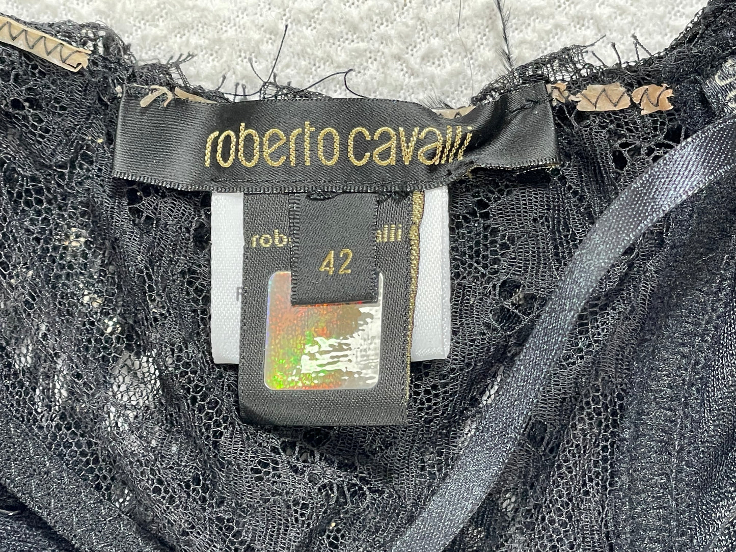 S/S 2006 Roberto Cavalli Runway Sheer Black Mesh & Lace Feather & Crystal Embellished Mini Dress