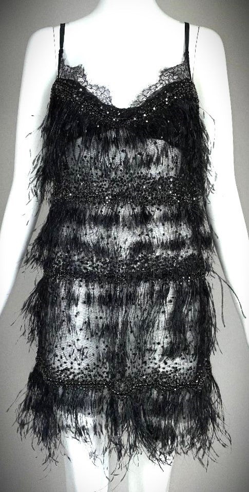 S/S 2006 Roberto Cavalli Runway Sheer Black Mesh & Lace Feather & Crystal Embellished Mini Dress